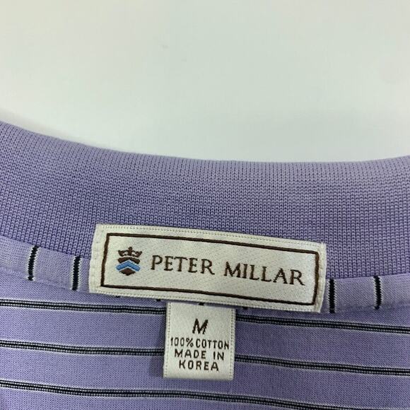 Peter Millar Polo Shirt Mens M Purple Cotton Black Striped Short Sleeve High Low - Picture 5 of 9